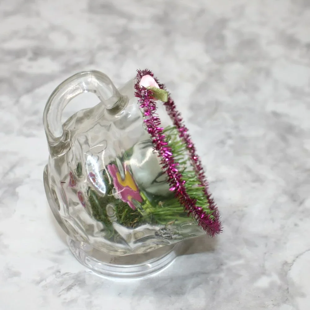 HAND CRAFTED Cat Gray Spring Decor Ornament Upcycled Cup Grass Animal Pet Floral